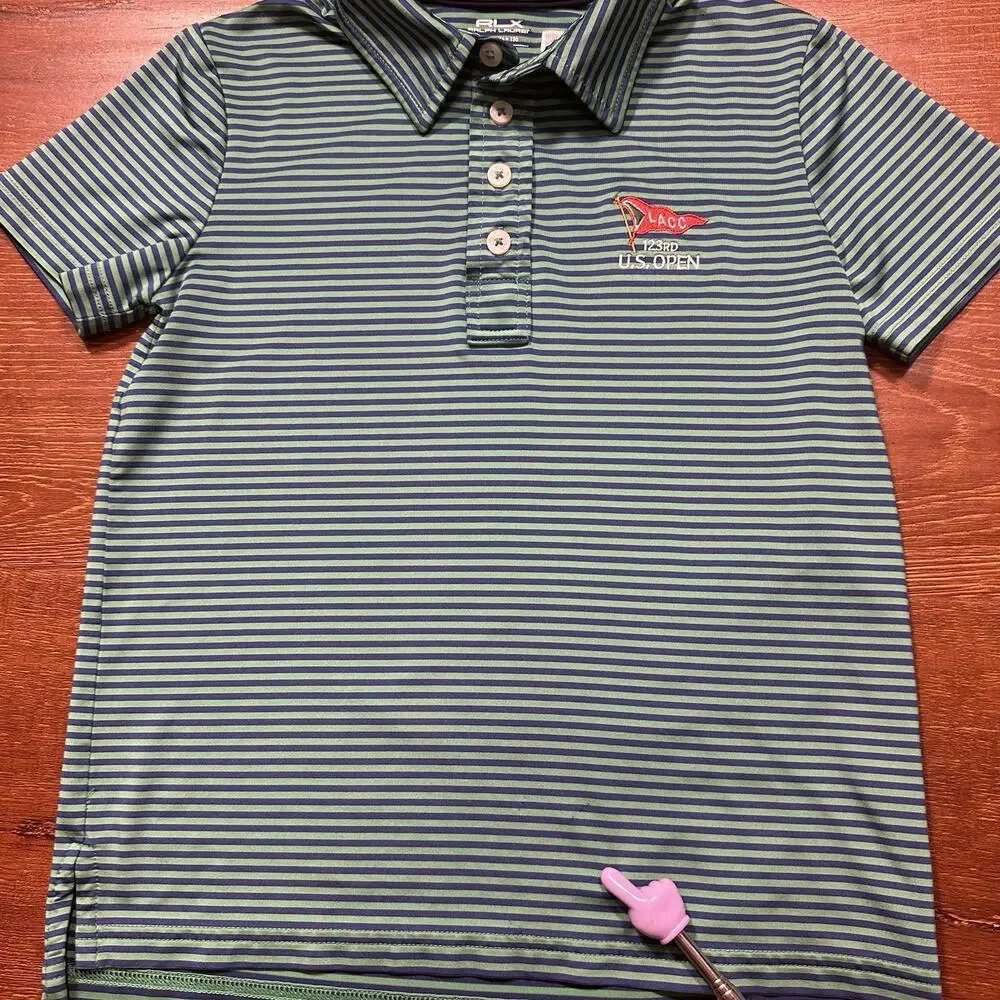 Ralph Lauren RLX Golf Polo Shirt Youth Boys 7 Green Stripe US Open 123rd LACC